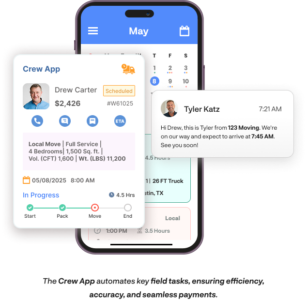 Crew App interface showing scheduled jobs, move details, and automated ETA text to customer